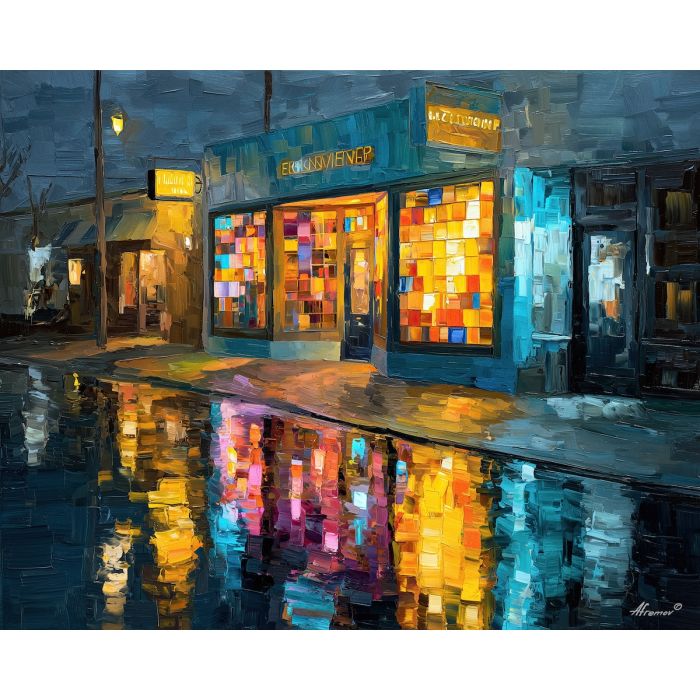 storefront, plane, broken, color, rectangles, reflecting, narrow, streaks, urban pattern, historic energy, layered silhouettes, warm night color, jazz atmosphere, brick facade, city rhythm, evening street, club doorway, neighborhood glow, oil painting palette knife, textured impasto