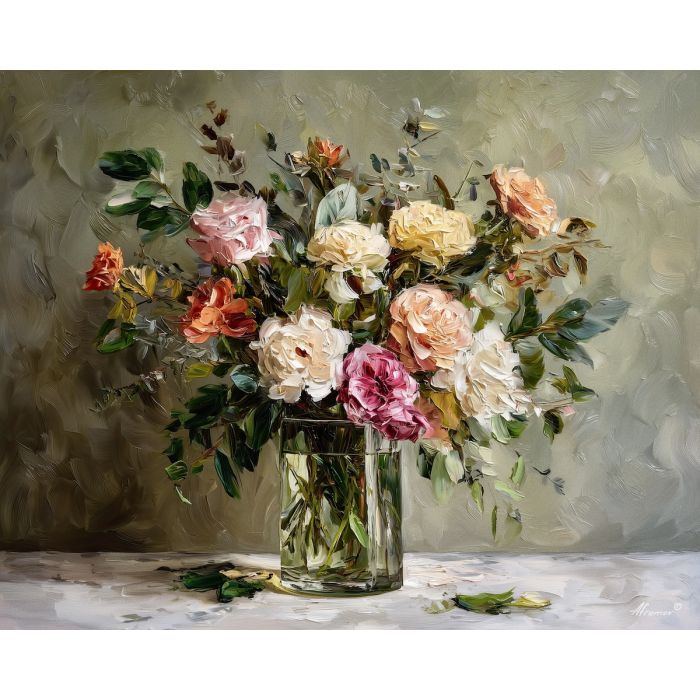 loose, bouquet, resting, clear, glass, vase, glowing, softly, floral arrangement, delicate blossoms, glass vase, garden suggestion, soft bouquet, natural curve, petal layers, subtle fragrance, gentle color, organic shapes, oil painting palette knife, textured impasto