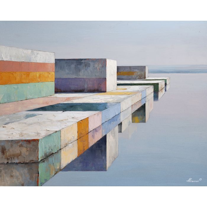 rooftop, edge, tracing, against, pale, muting, surfaces, into, linear balance, minimal composition, geometric facade, modernist structure, primary color field, clean architecture, rectilinear order, abstract building, functional design, flat planes, oil painting palette knife, textured impasto