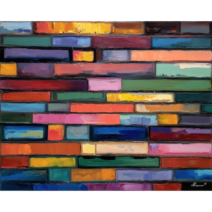 series, windows, arranged, strict, sequence, sliding, along, edges, rectilinear order, abstract building, functional design, flat planes, linear balance, minimal composition, geometric facade, modernist structure, primary color field, clean architecture, oil painting palette knife, textured impasto