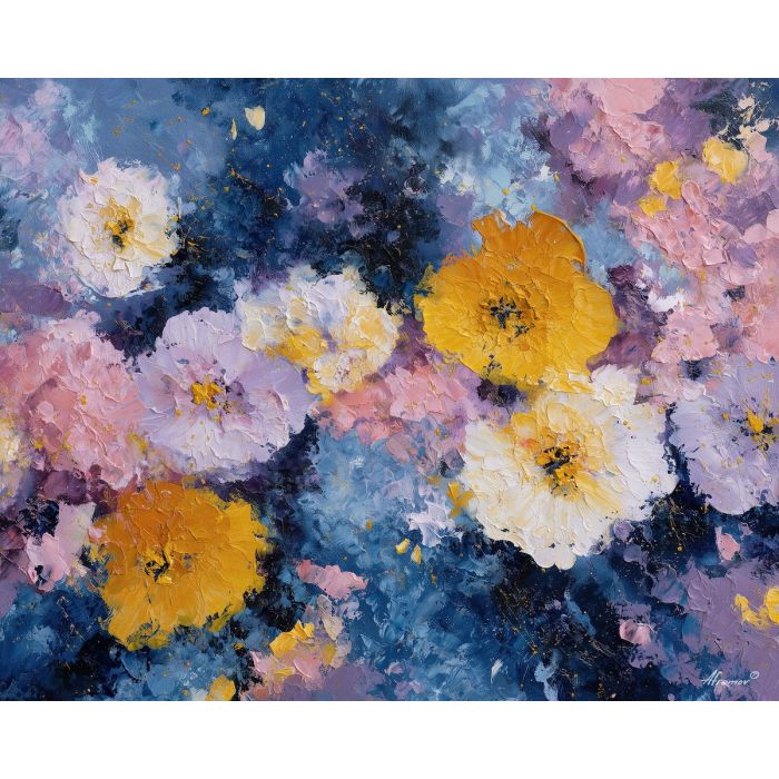 spray, blooms, different, stages, opening, gathering, small, luminous, gentle color, organic shapes, floral arrangement, delicate blossoms, glass vase, garden suggestion, soft bouquet, natural curve, petal layers, subtle fragrance, oil painting palette knife, textured impasto