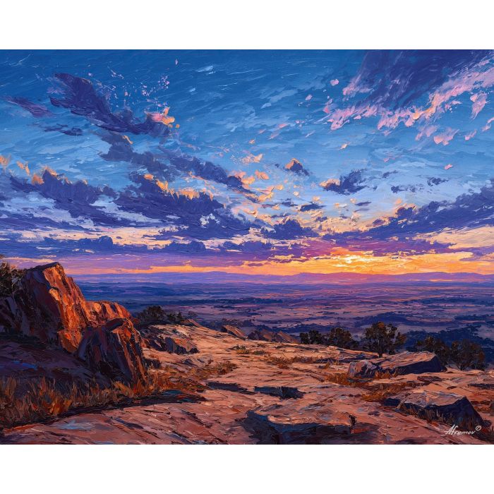 rocky, rise, overlooking, sunburned, plains, stretching, into, long, distant hills, amber distance, open plain, sun-steeped land, textured horizon, savanna expanse, red earth, acacia silhouettes, village pattern, heat shimmer, oil painting palette knife, textured impasto