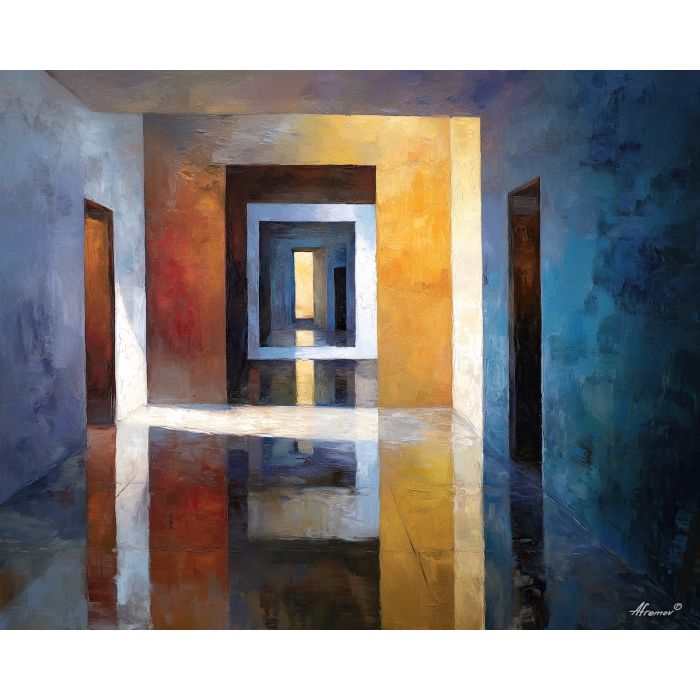 corridor, doors, into, smooth, surfaces, glazing, corners, with, minimal composition, geometric facade, modernist structure, primary color field, clean architecture, rectilinear order, abstract building, functional design, flat planes, linear balance, oil painting palette knife, textured impasto