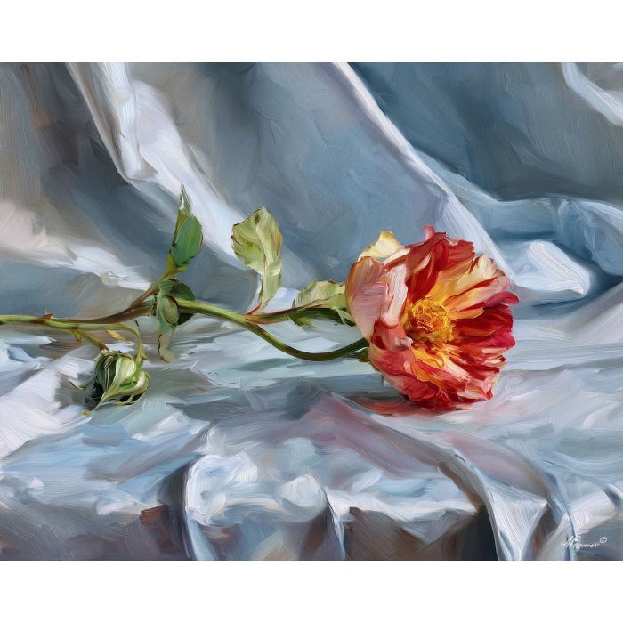 single, bloom, lying, along, folded, fabric, filtering, from, delicate blossoms, glass vase, garden suggestion, soft bouquet, natural curve, petal layers, subtle fragrance, gentle color, organic shapes, floral arrangement, oil painting palette knife, textured impasto