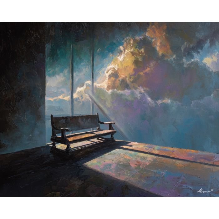 bench, situated, beneath, tall, window, breaking, through, layered, calm interior, hushed atmosphere, tender light, reflective stillness, subtle reverence, luminous calm, quiet sanctuary, soft radiance, arched space, gentle horizon, oil painting palette knife, textured impasto
