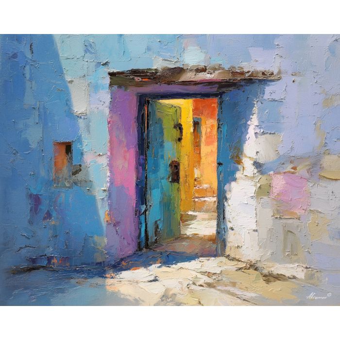 doorway, suggesting, passage, into, calm, radiance, resting, over, luminous calm, quiet sanctuary, soft radiance, arched space, gentle horizon, calm interior, hushed atmosphere, tender light, reflective stillness, subtle reverence, oil painting palette knife, textured impasto