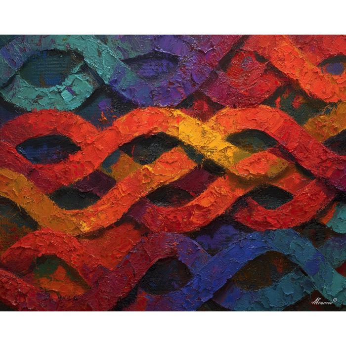 lattice, arcs, weaving, through, dense, color, bouncing, between, bold saturation, neon spectrum, vivid spiral, kaleidoscopic field, surreal pattern, trippy geometry, fractal drift, chromatic wave, liquid color, visual distortion, oil painting palette knife, textured impasto
