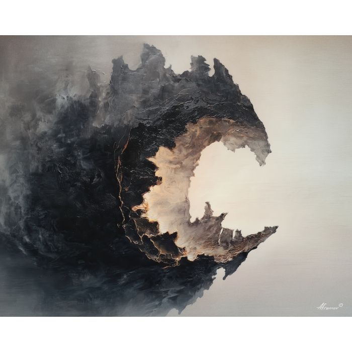 hollowed, shape, half, dissolving, into, background, softening, quiet memento, shadowed object, textured stillness, symbolic bone, hollow form, chiaroscuro study, tonal contrast, meditative dark, aged material, organic arc, oil painting palette knife, textured impasto, layered pigments