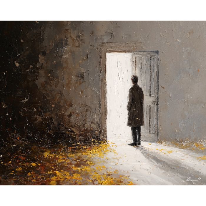 watchful, figure, near, partially, open, door, coming, from, indoor stillness, gentle shadow, subtle movement, feline presence, resting figure, window light, quiet companion, soft fur, domestic calm, watchful pose, oil painting palette knife, textured impasto