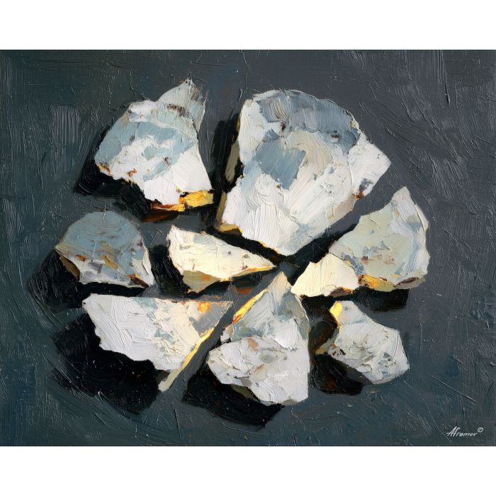 cluster, pale, fragments, arranged, dark, surface, glowing, faintly, hollow form, chiaroscuro study, tonal contrast, meditative dark, aged material, organic arc, quiet memento, shadowed object, textured stillness, symbolic bone, oil painting palette knife, textured impasto