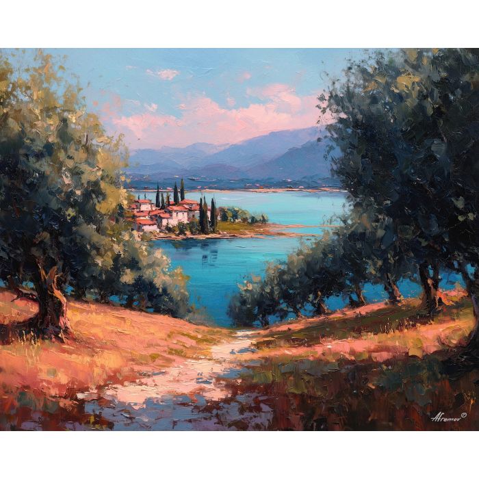 olive, grove, stepping, down, toward, pale, washed, with, marble architecture, seaside village, stone terrace, Aegean light, hillside dwellings, historic shoreline, sunlit masonry, quiet harbor, mediterranean landscape, ancient coast, oil painting palette knife, textured impasto