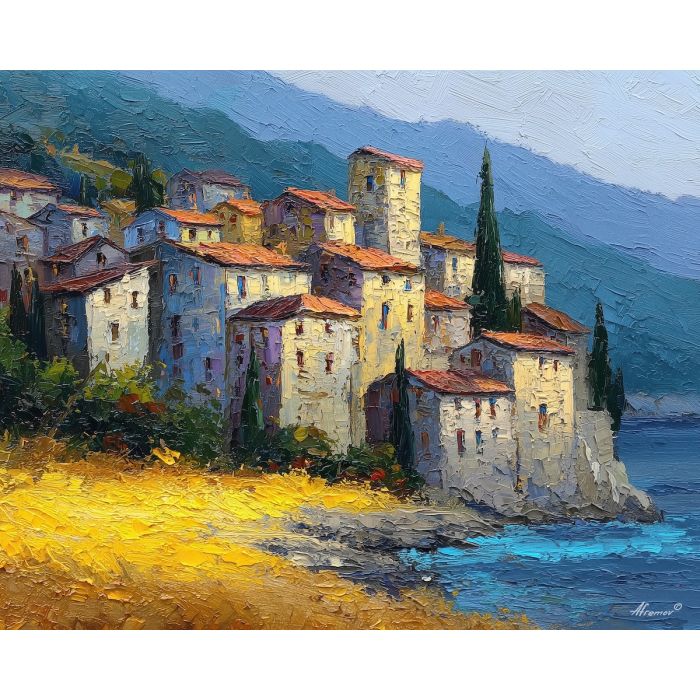 hillside, village, clustered, above, quiet, water, glowing, under, seaside village, stone terrace, Aegean light, hillside dwellings, historic shoreline, sunlit masonry, quiet harbor, mediterranean landscape, ancient coast, marble architecture, oil painting palette knife, textured impasto