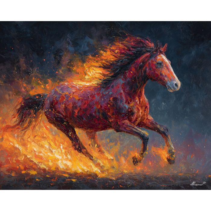 galloping, steed, trailing, ribbons, immersed, drifting, fire horse, zodiac horse, chinese zodiac, flame steed, fiery motion, crimson energy, molten palette, horse silhouette, palette knife, textured impasto, sculpted pigment, dynamic strokes, burning form, ember colors