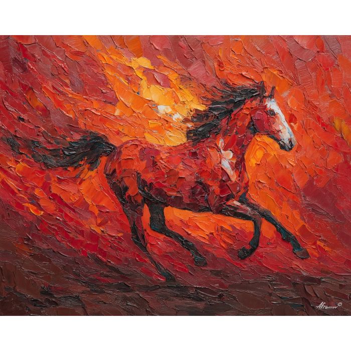 fire_infused, horse, leaping, across, scorched, terrain, fire horse, zodiac horse, chinese zodiac, flame steed, fiery motion, crimson energy, molten palette, horse silhouette, palette knife, textured impasto, sculpted pigment, dynamic strokes, burning form, ember colors