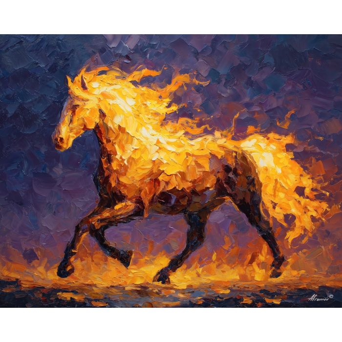 flame_shaped, equine, twisting, against, darkened, charged, fire horse, zodiac horse, chinese zodiac, flame steed, fiery motion, crimson energy, molten palette, horse silhouette, palette knife, textured impasto, sculpted pigment, dynamic strokes, burning form, ember colors