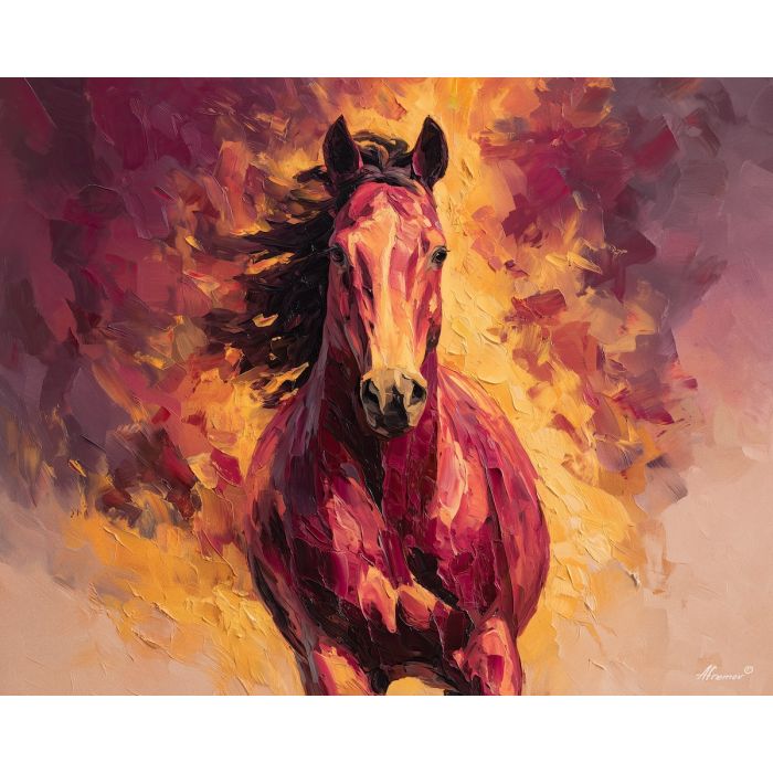 fiery, horse, rising, through, spiraling, waves, fire horse, zodiac horse, chinese zodiac, flame steed, fiery motion, crimson energy, molten palette, horse silhouette, palette knife, textured impasto, sculpted pigment, dynamic strokes, burning form, ember colors