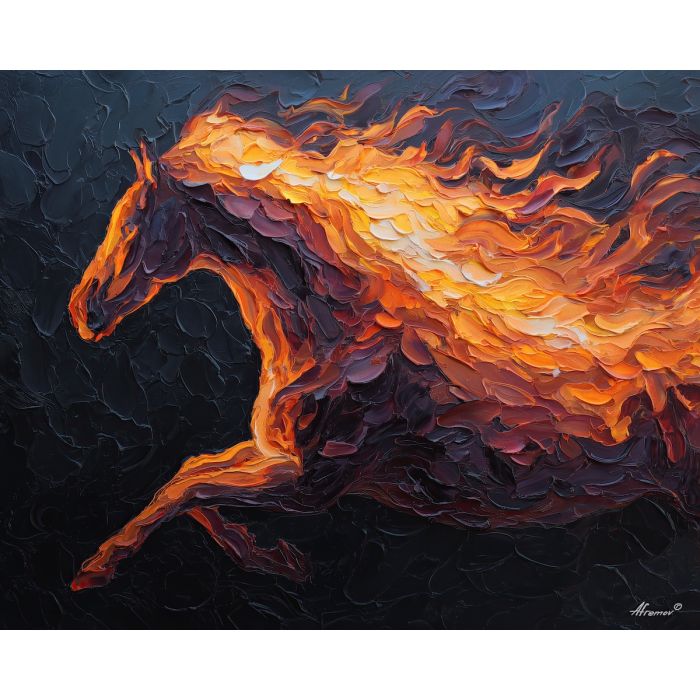 silhouette, horse, burning, vapor, carved, bright, fire horse, zodiac horse, chinese zodiac, flame steed, fiery motion, crimson energy, molten palette, horse silhouette, palette knife, textured impasto, sculpted pigment, dynamic strokes, burning form, ember colors