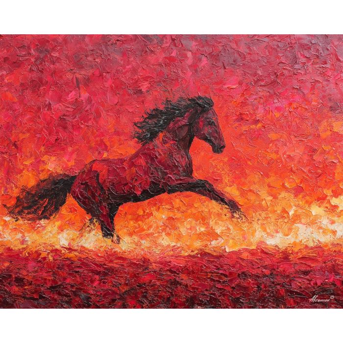 fire_infused, horse, leaping, across, scorched, terrain, fire horse, zodiac horse, chinese zodiac, flame steed, fiery motion, crimson energy, molten palette, horse silhouette, palette knife, textured impasto, sculpted pigment, dynamic strokes, burning form, ember colors
