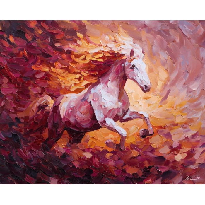 fiery, horse, rising, through, spiraling, waves, fire horse, zodiac horse, chinese zodiac, flame steed, fiery motion, crimson energy, molten palette, horse silhouette, palette knife, textured impasto, sculpted pigment, dynamic strokes, burning form, ember colors