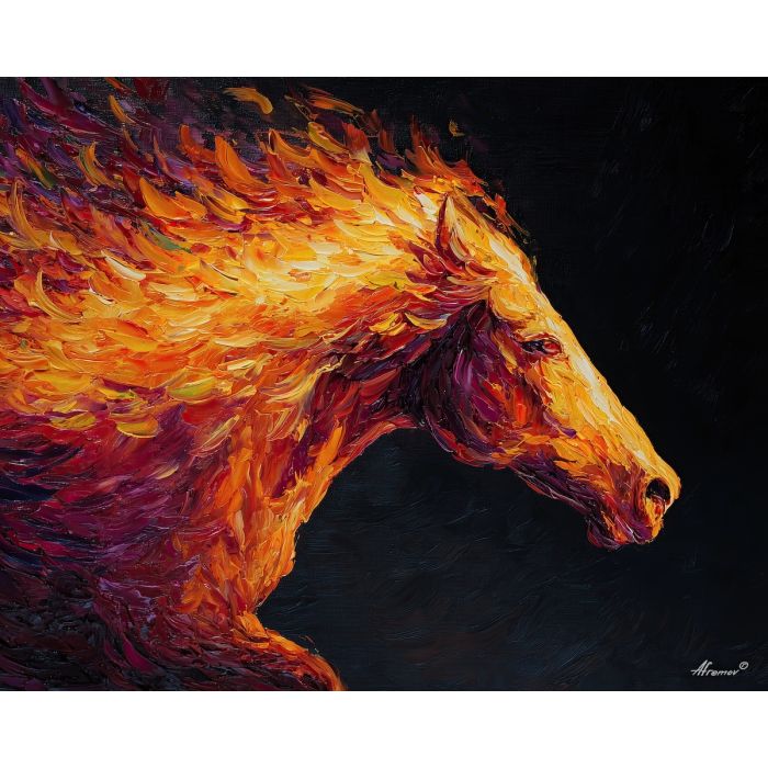 embers, sweeping, outward, motion, highlighted, radiant, fire horse, zodiac horse, chinese zodiac, flame steed, fiery motion, crimson energy, molten palette, horse silhouette, palette knife, textured impasto, sculpted pigment, dynamic strokes, burning form, ember colors