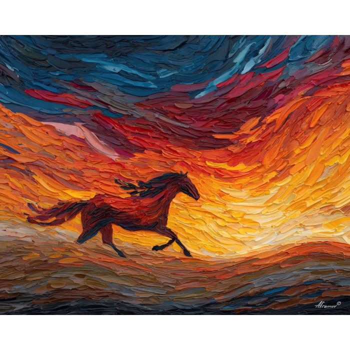 heat_warped, horizon, bending, behind, flaming, steed, fire horse, zodiac horse, chinese zodiac, flame steed, fiery motion, crimson energy, molten palette, horse silhouette, palette knife, textured impasto, sculpted pigment, dynamic strokes, burning form, ember colors