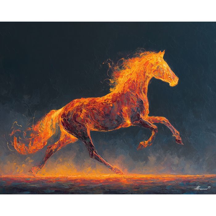 molten, equine, outline, emerging, glowing, ground, fire horse, zodiac horse, chinese zodiac, flame steed, fiery motion, crimson energy, molten palette, horse silhouette, palette knife, textured impasto, sculpted pigment, dynamic strokes, burning form, ember colors