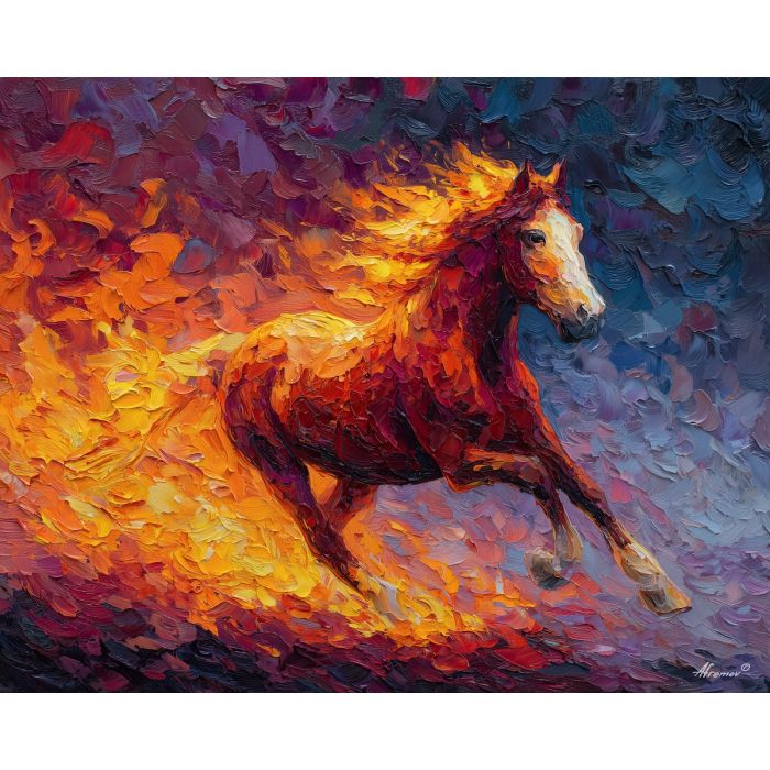 blazing, stallion, charging, through, drifting, sparks, fire horse, zodiac horse, chinese zodiac, flame steed, fiery motion, crimson energy, molten palette, horse silhouette, palette knife, textured impasto, sculpted pigment, dynamic strokes, burning form, ember colors
