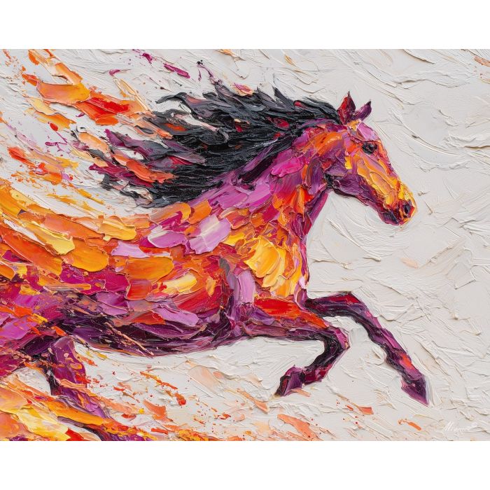 radiant, horse, figure, bursting, molten, outlined, fire horse, zodiac horse, chinese zodiac, flame steed, fiery motion, crimson energy, molten palette, horse silhouette, palette knife, textured impasto, sculpted pigment, dynamic strokes, burning form, ember colors
