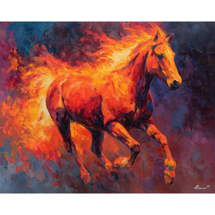 radiant, horse, figure, bursting, molten, outlined, fire horse, zodiac horse, chinese zodiac, flame steed, fiery motion, crimson energy, molten palette, horse silhouette, palette knife, textured impasto, sculpted pigment, dynamic strokes, burning form, ember colors