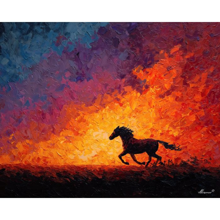 heat_warped, horizon, bending, behind, flaming, steed, fire horse, zodiac horse, chinese zodiac, flame steed, fiery motion, crimson energy, molten palette, horse silhouette, palette knife, textured impasto, sculpted pigment, dynamic strokes, burning form, ember colors