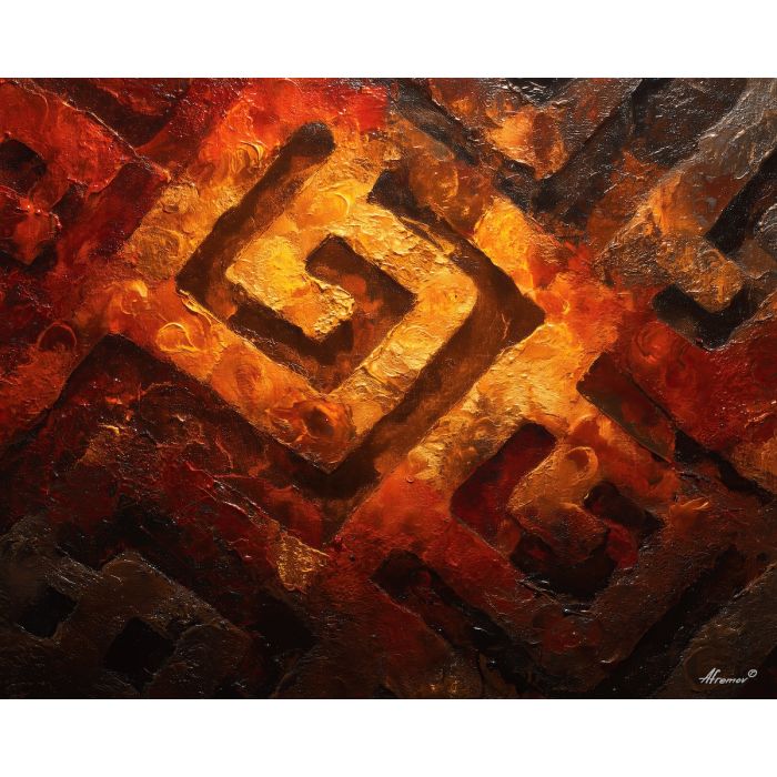 ancient, symbolic, shapes, inspired, mayan, aesthetics,, palette knife, oil painting, textured impasto, layered pigment, dynamic strokes, sculpted paint, expressive surface, abstract detail, rich color, chromatic texture