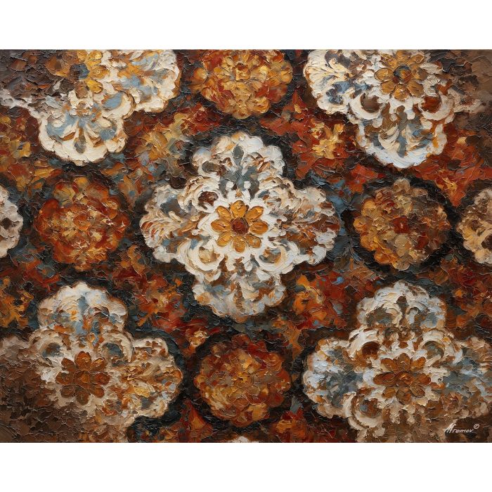 rustic, pattern, echoing, traditional, motifs,, surrounded, palette knife, oil painting, textured impasto, layered pigment, dynamic strokes, sculpted paint, expressive surface, abstract detail, rich color, chromatic texture
