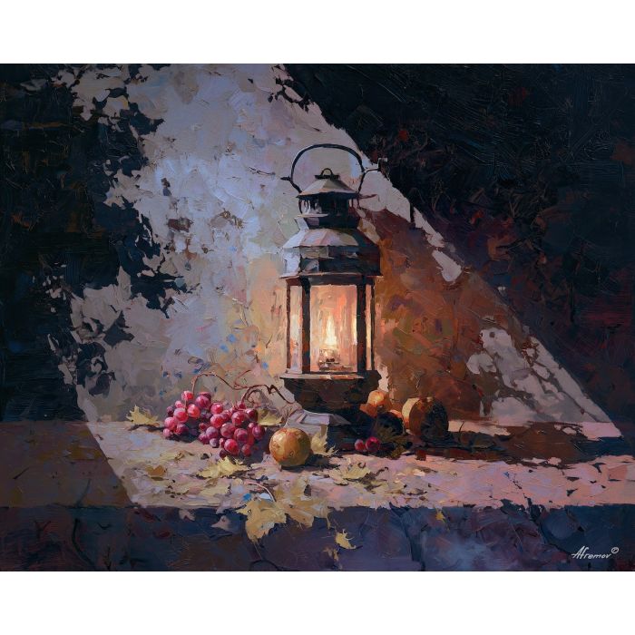 dimly, scene, haunting, seasonal, motifs,, immersed, palette knife, oil painting, textured impasto, layered pigment, dynamic strokes, sculpted paint, expressive surface, abstract detail, rich color, chromatic texture