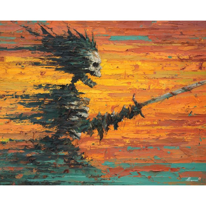 skeletal, silhouette, rendered, fractured, strokes,, glimmering, palette knife, oil painting, textured impasto, layered pigment, dynamic strokes, sculpted paint, expressive surface, abstract detail, rich color, chromatic texture