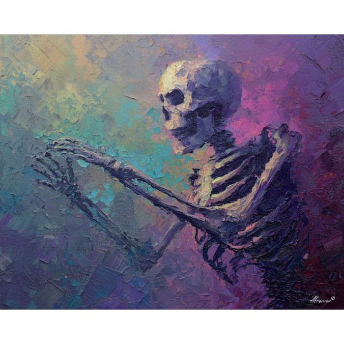 skeletal, silhouette, rendered, fractured, strokes,, immersed, palette knife, oil painting, textured impasto, layered pigment, dynamic strokes, sculpted paint, expressive surface, abstract detail, rich color, chromatic texture