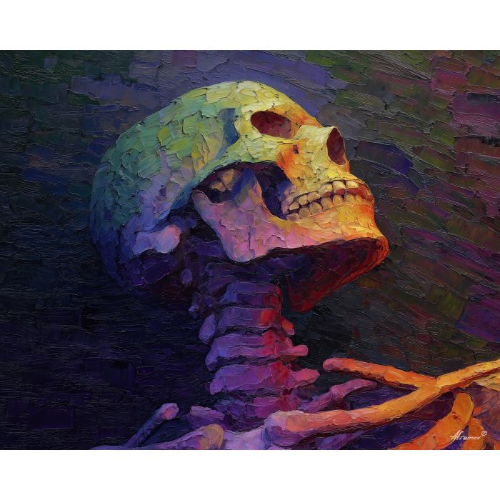 skeletal, silhouette, rendered, fractured, strokes,, immersed, palette knife, oil painting, textured impasto, layered pigment, dynamic strokes, sculpted paint, expressive surface, abstract detail, rich color, chromatic texture