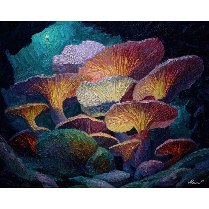 surreal, cluster, glowing, mushroom, forms,, outlined, palette knife, oil painting, textured impasto, layered pigment, dynamic strokes, sculpted paint, expressive surface, abstract detail, rich color, chromatic texture