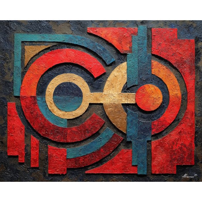 ancient, symbolic, shapes, inspired, mayan, aesthetics,, palette knife, oil painting, textured impasto, layered pigment, dynamic strokes, sculpted paint, expressive surface, abstract detail, rich color, chromatic texture