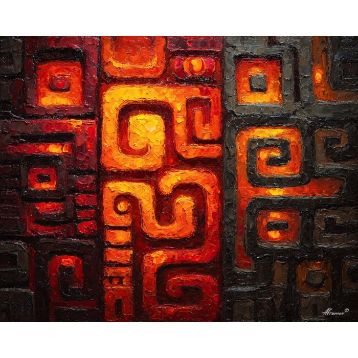 ancient, symbolic, shapes, inspired, mayan, aesthetics,, palette knife, oil painting, textured impasto, layered pigment, dynamic strokes, sculpted paint, expressive surface, abstract detail, rich color, chromatic texture