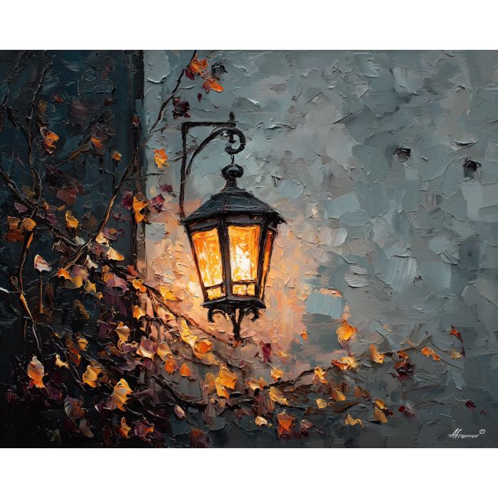 dimly, scene, haunting, seasonal, motifs,, glowing, palette knife, oil painting, textured impasto, layered pigment, dynamic strokes, sculpted paint, expressive surface, abstract detail, rich color, chromatic texture