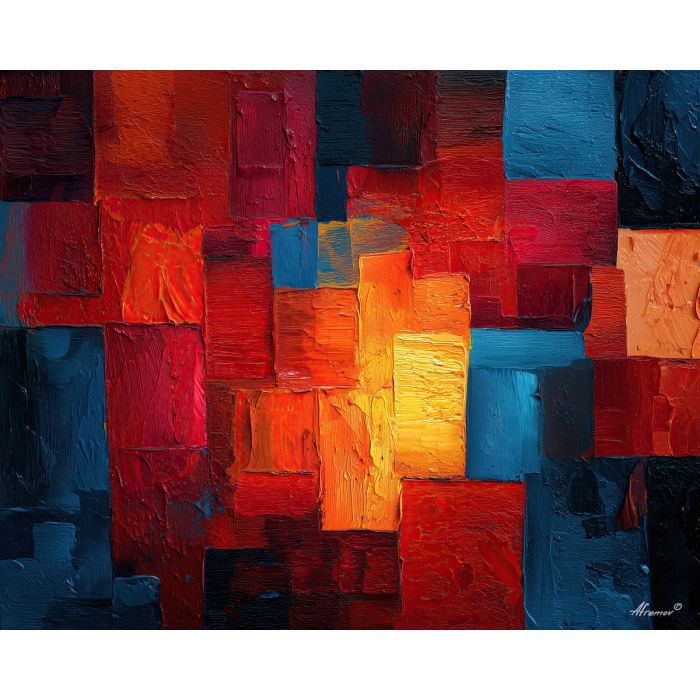 arrangement, angular, geometric, shapes,, bathed, radiance,, palette knife, oil painting, textured impasto, layered pigment, dynamic strokes, sculpted paint, expressive surface, abstract detail, rich color, chromatic texture