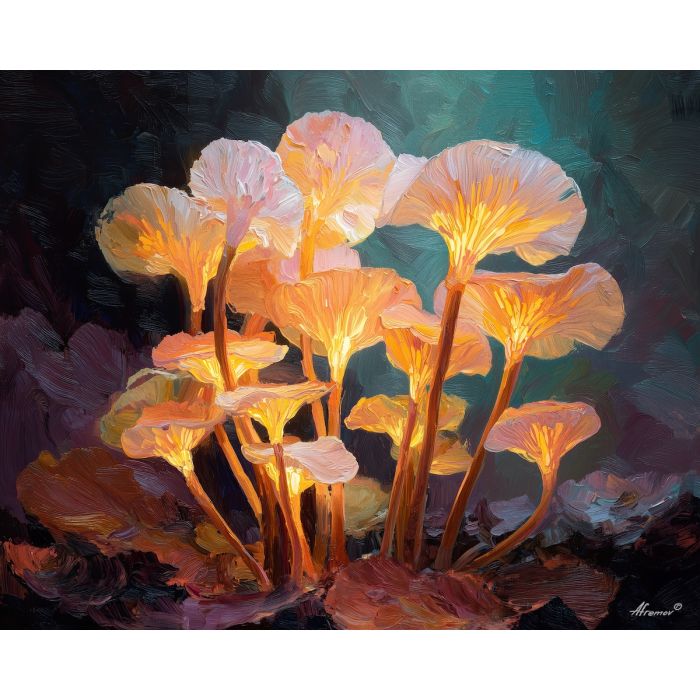 surreal, cluster, glowing, mushroom, forms,, immersed, palette knife, oil painting, textured impasto, layered pigment, dynamic strokes, sculpted paint, expressive surface, abstract detail, rich color, chromatic texture