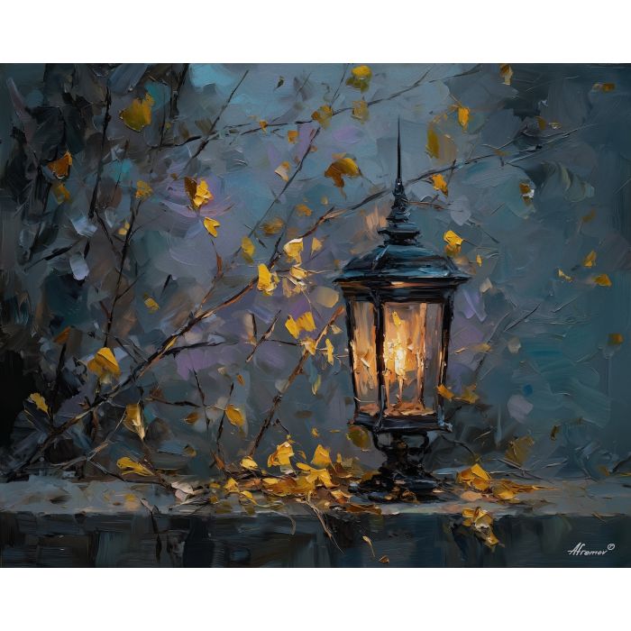 dimly, scene, haunting, seasonal, motifs,, pressed, palette knife, oil painting, textured impasto, layered pigment, dynamic strokes, sculpted paint, expressive surface, abstract detail, rich color, chromatic texture