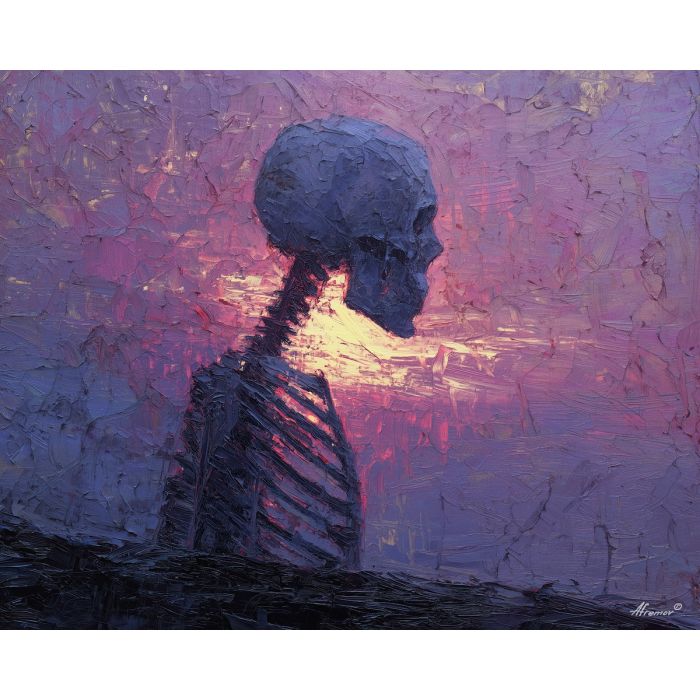 skeletal, silhouette, rendered, fractured, strokes,, bright, palette knife, oil painting, textured impasto, layered pigment, dynamic strokes, sculpted paint, expressive surface, abstract detail, rich color, chromatic texture