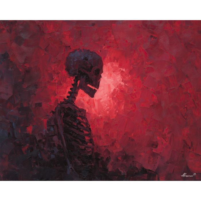 skeletal, silhouette, rendered, fractured, strokes,, bathed, palette knife, oil painting, textured impasto, layered pigment, dynamic strokes, sculpted paint, expressive surface, abstract detail, rich color, chromatic texture