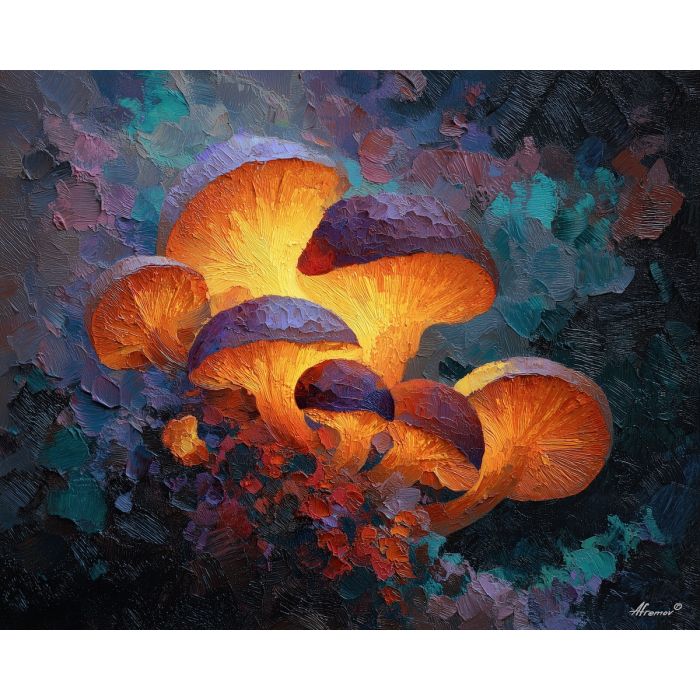 surreal, cluster, glowing, mushroom, forms,, fading, palette knife, oil painting, textured impasto, layered pigment, dynamic strokes, sculpted paint, expressive surface, abstract detail, rich color, chromatic texture