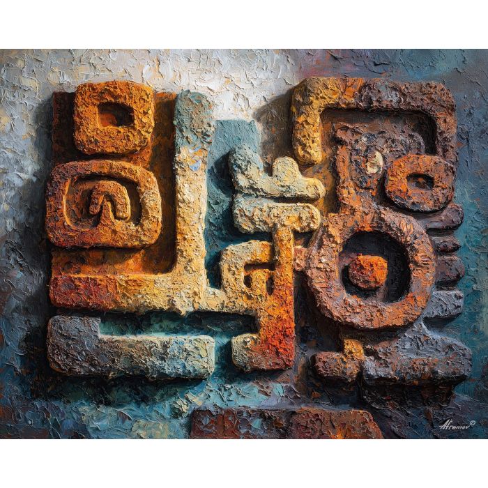 ancient, symbolic, shapes, inspired, mayan, aesthetics,, palette knife, oil painting, textured impasto, layered pigment, dynamic strokes, sculpted paint, expressive surface, abstract detail, rich color, chromatic texture
