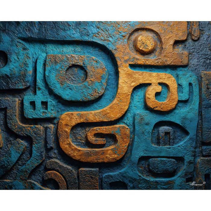 ancient, symbolic, shapes, inspired, mayan, aesthetics,, palette knife, oil painting, textured impasto, layered pigment, dynamic strokes, sculpted paint, expressive surface, abstract detail, rich color, chromatic texture