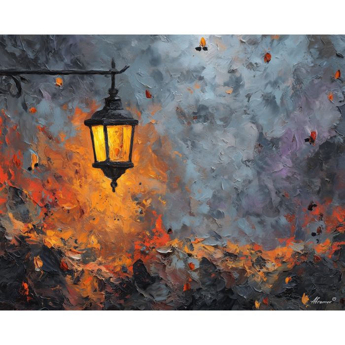 dimly, scene, haunting, seasonal, motifs,, bright, palette knife, oil painting, textured impasto, layered pigment, dynamic strokes, sculpted paint, expressive surface, abstract detail, rich color, chromatic texture