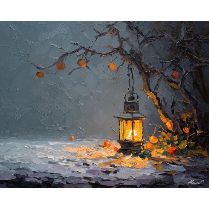 dimly, scene, haunting, seasonal, motifs,, bathed, palette knife, oil painting, textured impasto, layered pigment, dynamic strokes, sculpted paint, expressive surface, abstract detail, rich color, chromatic texture